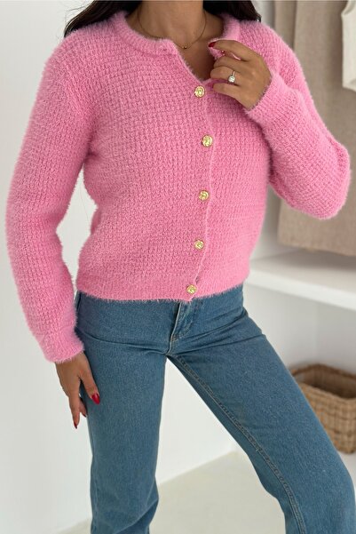 FEMELLE Pink Gold Button Detailed Soft Knitwear Cardigan - Standard Size