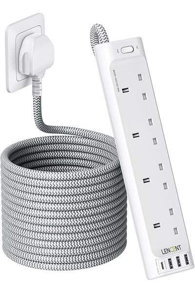LENCENT 5M Extension Lead with USB Slots, 4 Way Outlets Power Strip with 4 USB Ports, Multi Power Pl