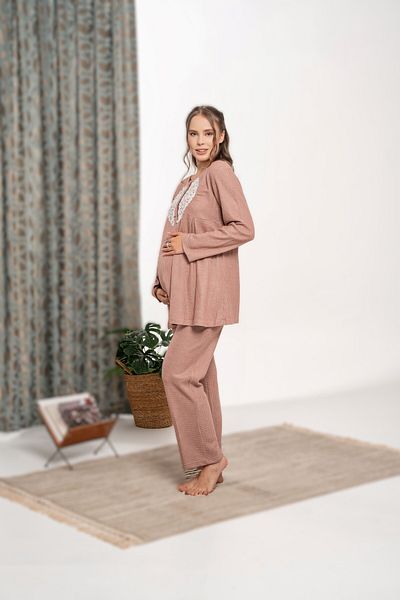 LOHOUSE Women's Tile Honeycomb Patterned Lace Long Sleeve Cotton Maternity Maternity Pajamas Set of 3