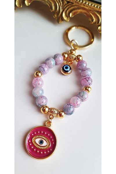 Svc Aksesuar Gift Evil Eye Beaded Moire Fuchsia Stylish Keychain 11.5 cm
