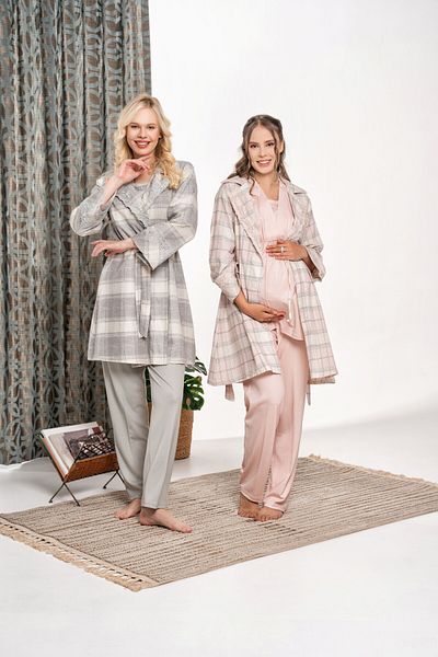 LOHOUSE Women's Pink Flannel Plaid Maternity Maternity Pajamas Set with Dressing Gown 3 Piece Pajamas Set