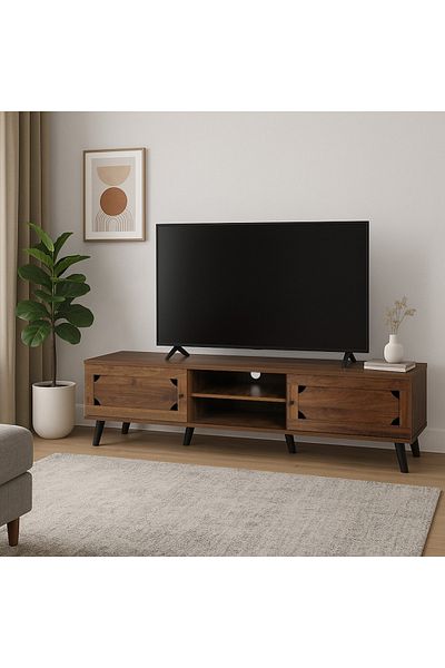 TrentonGCC 160 cm MDF Wooden TV Stand – 2 Doors, Shelves & Cable Hole – Black Legs