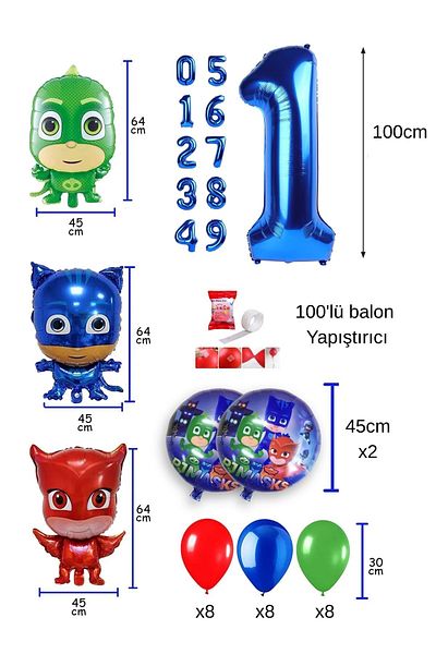 PARTİAVM 1 Year Old Blue Number Balloon Pijamaskeliler Balloon Set Pjmaske Cat Child Owl Girl Lizard Child