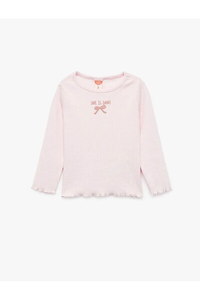 Koton Βαμβακερό μπλουζάκι με φιόγκο κεντημένο ροζ μακρυμάνικο μπλουζάκι για κοριτσάκι 6WMG10057AK
