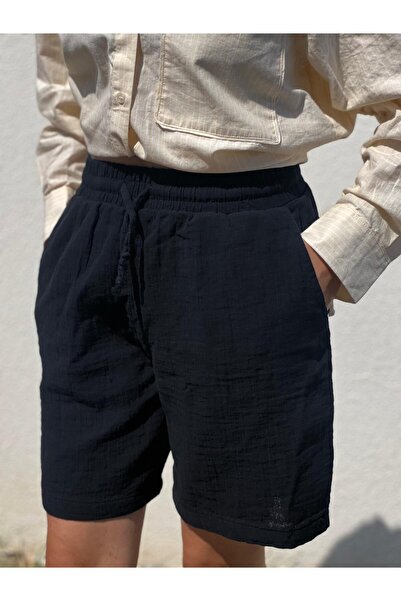 Dresslabtr Pamuklu 2 Kat Müslin Kumaş İç Göstermeyen Belden Bağlamalı Geniş Kalıp Rahat Kesim Unisex Cepli Şort