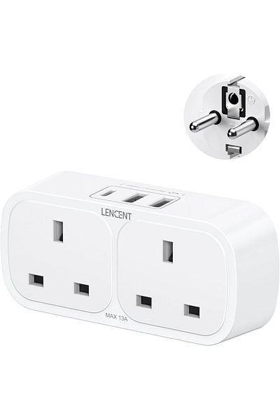 LENCENT UK to EU Euro European Plug Adapter with 1 Type C and 2 USB Ports, 2 Way Grounded Travel Ada