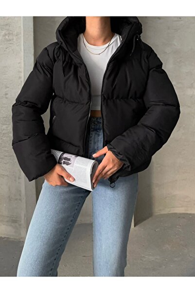 candybia Palton negru cu glugă pentru femei