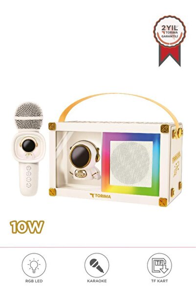 Torima Bluetooth Hoparlör Rgb Işıklı Mikrofonlu Karaoke Astronot Figürlü Speaker KIDMIC-06 Beyaz