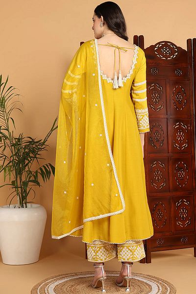 ZERE UAE Yellow Silk Blend Solid Embroidered Anarkali Set with Dupatta