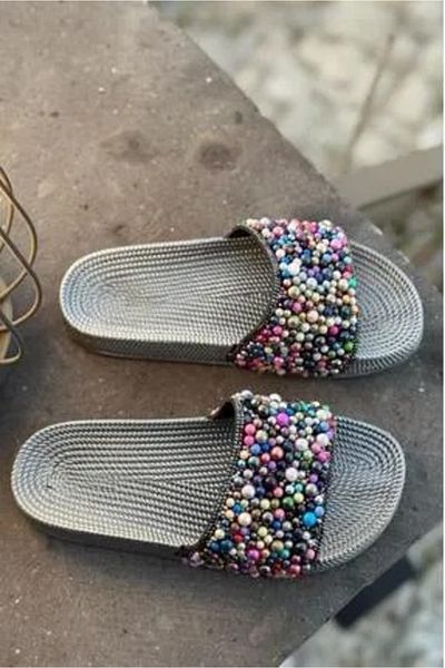 Pienn Women's Colorful Beaded Silver Summer Slippers
