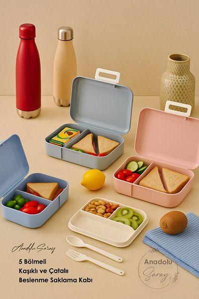Anadolu Saray 5 Compartment Nutrition Storage Container with Spoon and Fork – Compartmented Lunch Box