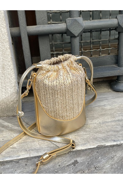nura Gold Women's Straw Mini Drawstring Hand and Shoulder Bag