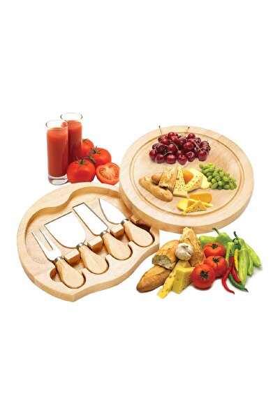 divendi-ro Set of 4 cheese knives with holder, chopper and wooden handles, steel blades, light brown