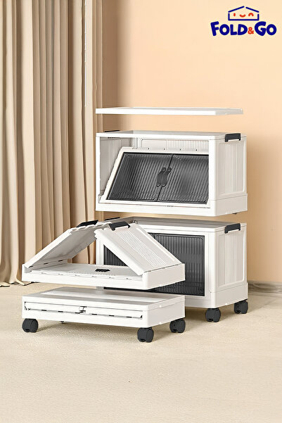 Fold&Go 2 Katlı Portatif Organizer Tekerlekli Dolap ”Beyaz” Çok Amaçlı Mıknatıs Kapaklı Katlanır