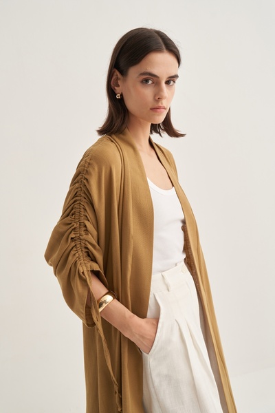 EBU Prive Women's Organic Cotton Drawstring Detailed Abaya Walnut Shell