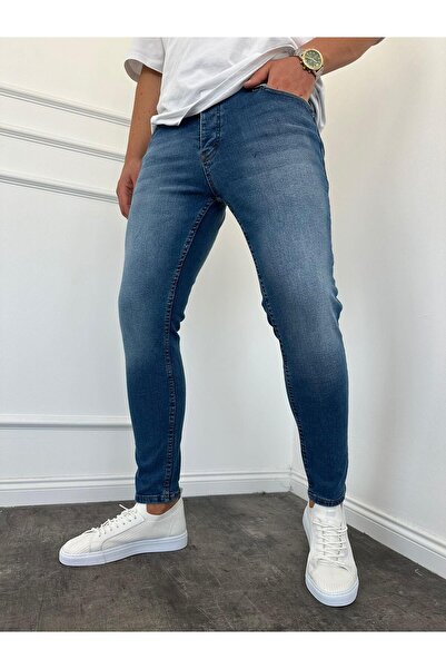 KağanKY Blugi slimfit cu șlefuire albastră