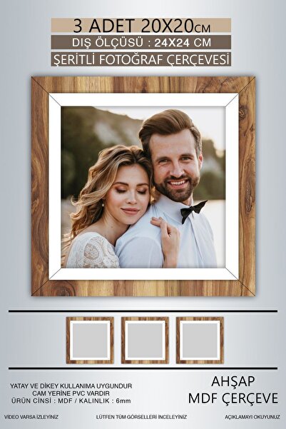 bymat 3 Pieces 20X20 Frame - Wooden White Striped Photo Frame - Mdf Frame - Square Frame