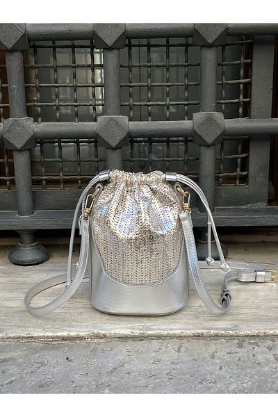 nura Silver Women's Straw Mini Drawstring Hand and Shoulder Bag