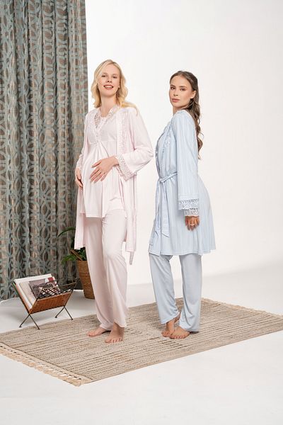 LOHOUSE Women's Powder Jacquard Lace Special Design Maternity Pregnant Pajamas Set with Dressing Gown 3 Piece Pajamas Set
