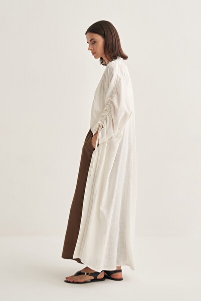 EBU Prive Women's Organic Cotton Drawstring Detailed Abaya Ecru