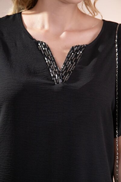 Roxxlen 3330538 Γυναικεία μπλούζα με παγιέτες με γιακά μεγάλου μεγέθους Μαύρη