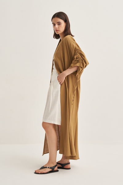 EBU Prive Women's Organic Cotton Drawstring Detailed Abaya Walnut Shell