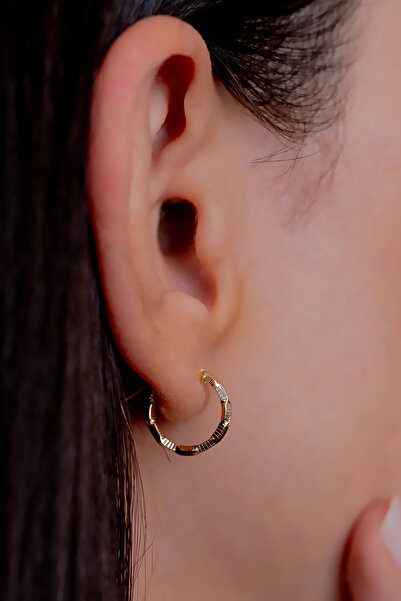 Bayar Gold 14 Ayar Altın İtalyan Çizgili Burgu Halka Küpe 1,4 cm