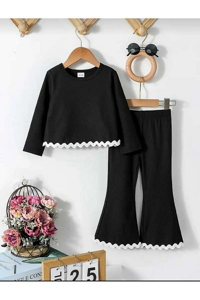 renkli diyar Girl's Bottom Top Set Long Sleeve Water Stone Bluz and Spanish Pants School Day Care Kindergarten Primary School