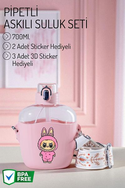 Nandy Home Labubu Flask with Label Gift, Strap and Straw