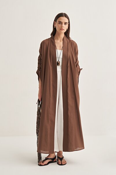 EBU Prive Women's Organic Cotton Drawstring Detailed Abaya Brown