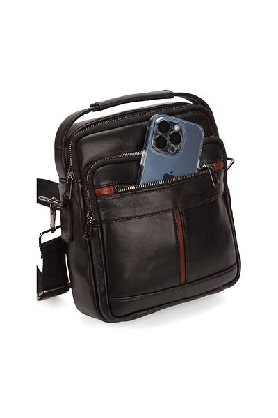 Newish Men's Black Khaki Leather Cross Strap Hand and Shoulder Bag