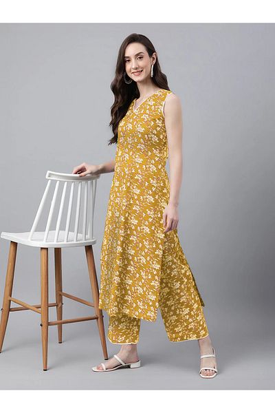 ZERE UAE Mustard Cotton Floral Printed Kurta Set