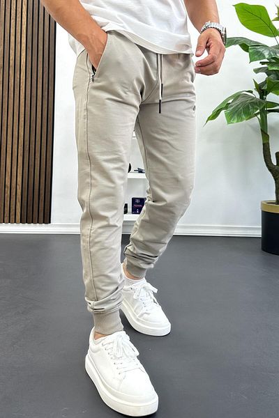Edwox Men's Regular Fit Narrow Leg Elastic Leg Sweatpants Beige Edw406