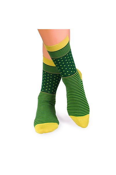 Pirin Hill FINE BAMBOO bamboo socks with dark green polka dots and stripes