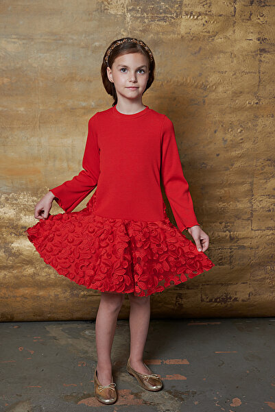 SheShe Kız Çocuk Kırmızı Dantelli Elbise