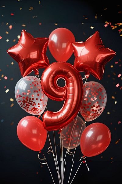 PARTİAVM 9 Year Old Red Number Balloon Birthday Party Set Red Color Balloon Red Sequin Transparent Balloon