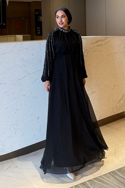 Tesettür Diyarı Sleeve and Collar Embroidered Evening Dress - Janjan Black