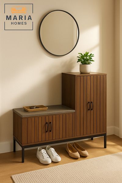 MARIA HOMES Modern Brown Wooden Storage Cabinet with Bench – 140×35×100 cm