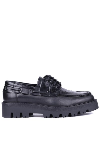 Shoetyle - Black Genuine Leather Croco Pattern Lace-Up Men's Casual Shoes 115...