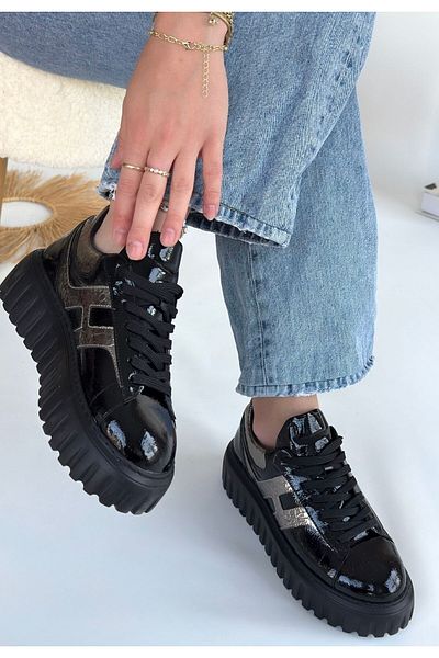 Zerenyus Gesti Premium Black Patent Leather Platinum Thick Sole Lace-Up Sports Shoes