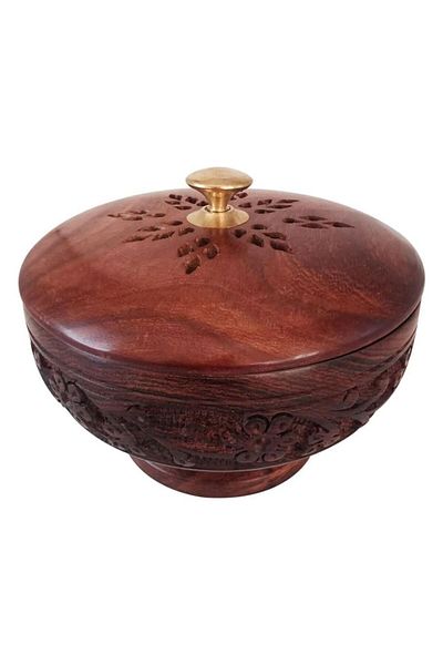 asmiat Antique Beautiful Home Decor Flower Engraved Round Wooden Incnese Burner, Brown (13 x 10 cm)