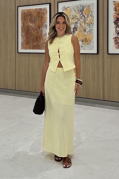 Laluvia Yellow Brit Detailed Vest Skirt Suit