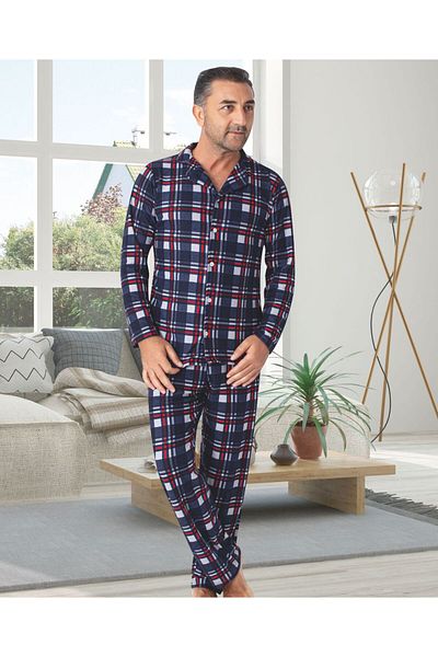 tusem butik homewear Men's Cotton Suede Fabric Navy Blue Plaid Pattern Shirt Collar Buttoned Father Son Pajama Set