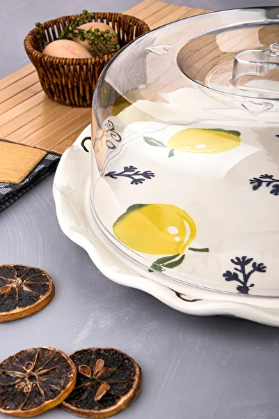 Akkoyunlu home Ceramic Cake Dish Lemon Patterned Cake Cake Presentation Plate Stand with Lid 32X26Cm