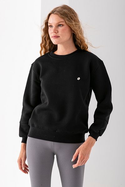 GİYSA Women's Crew Neck Bow Accessory 3-Strand Sweatshirt Black - 2624