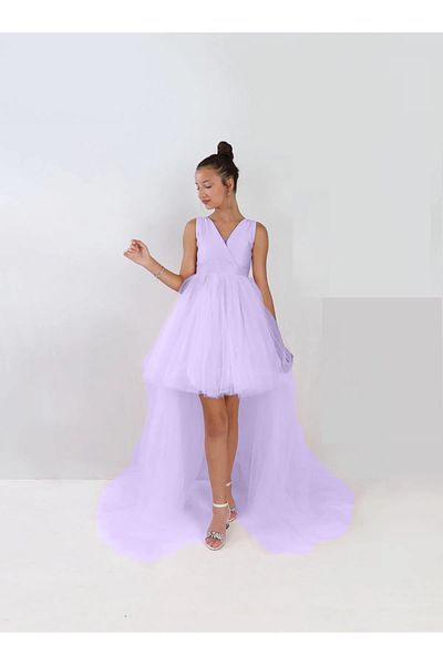 MadyaButik Girls Lila Front Short Back Long Wrap Dress Graduation Party Prom Birthday Dress