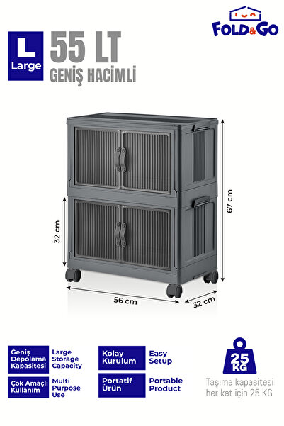 Fold&Go 2 Katlı Portatif Organizer Tekerlekli Dolap ”Antrasit” Çok Amaçlı Mıknatıs Kapaklı Katlanır