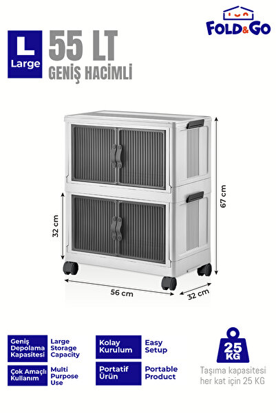Fold&Go 2 Katlı Portatif Organizer Tekerlekli Dolap ”Beyaz” Çok Amaçlı Mıknatıs Kapaklı Katlanır