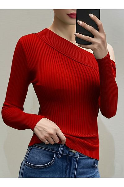 FLEX FASHION New Season Shoulder Detail Trend Knitwear Badi̇ Red