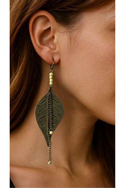 Nenya Haki Yaprak Desenli Hakiki Deri Küpe